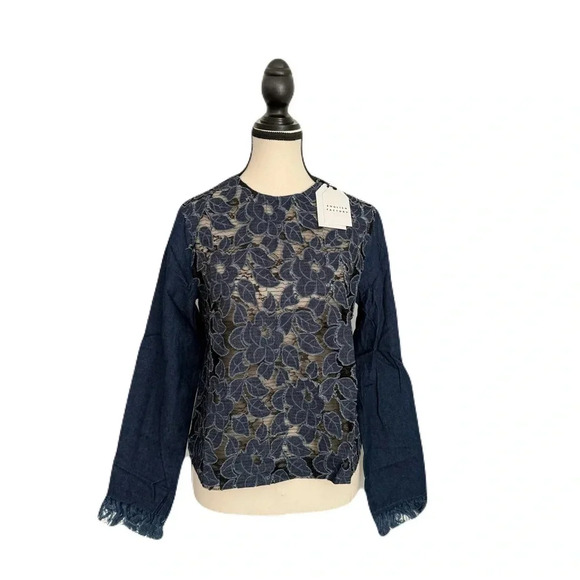 English Factory-Blue-Sheer-Flower- Long Sleeve- Fringe-Bohemian-Romantic- M - Picture 1 of 11